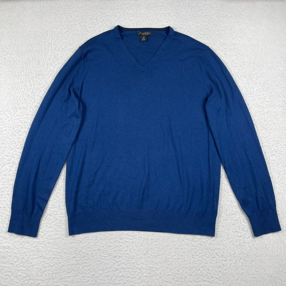 Banana Republic V-Neck Sweater Mens XL Tall Blue Silk Cotton Cashmere Blend